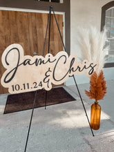 Load image into Gallery viewer, layered wooden first names &amp; date wedding sign
