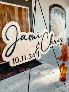 layered wooden first names & date wedding sign