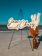 Load image into Gallery viewer, layered wooden first names &amp; date wedding sign

